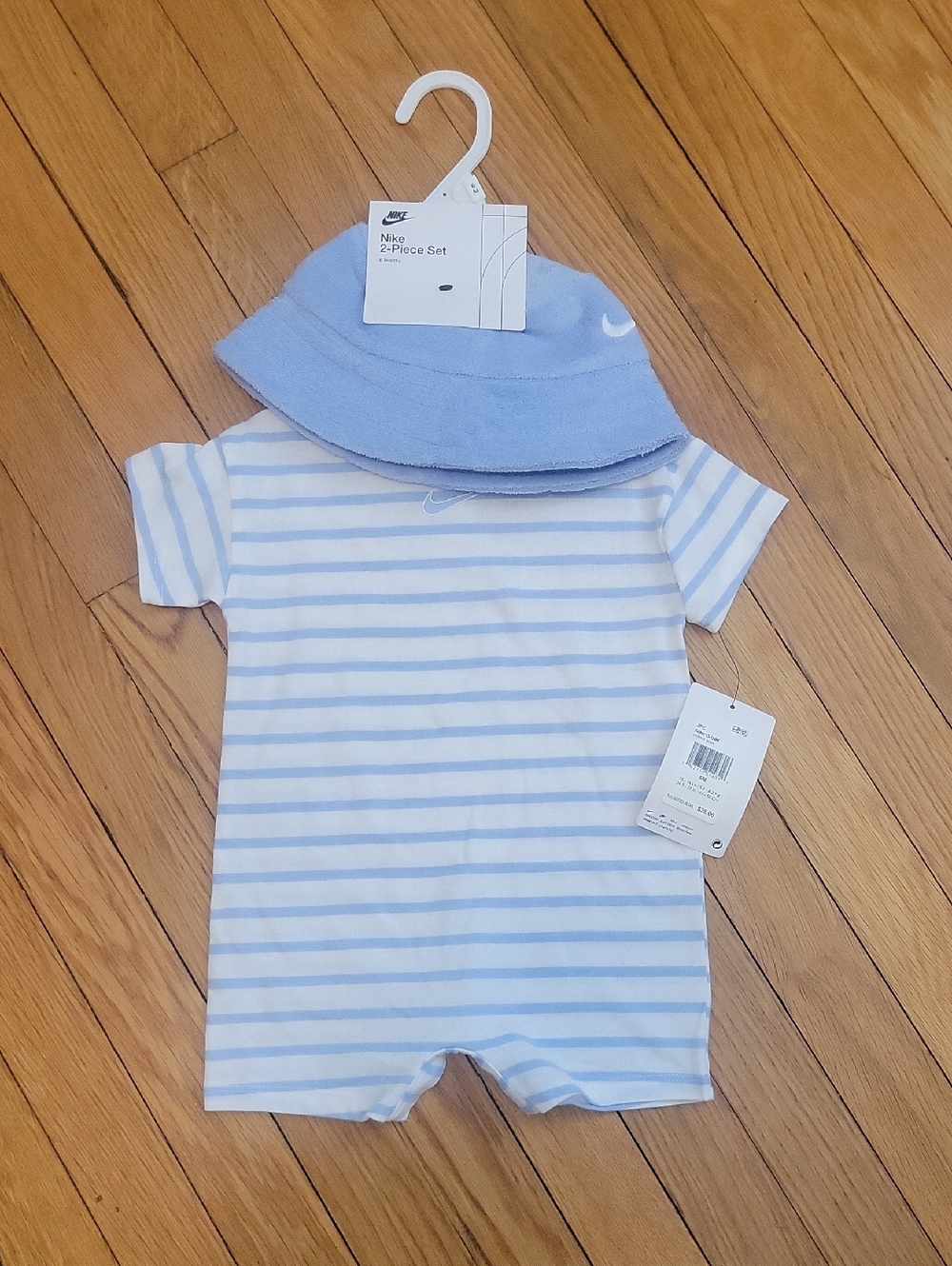 Nike Light Blue & White Striped Baby Romper with Matching Bucket Hat